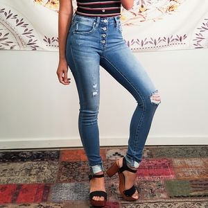 Khun Destroyed Skinny High Waist Denim- Med Blue
